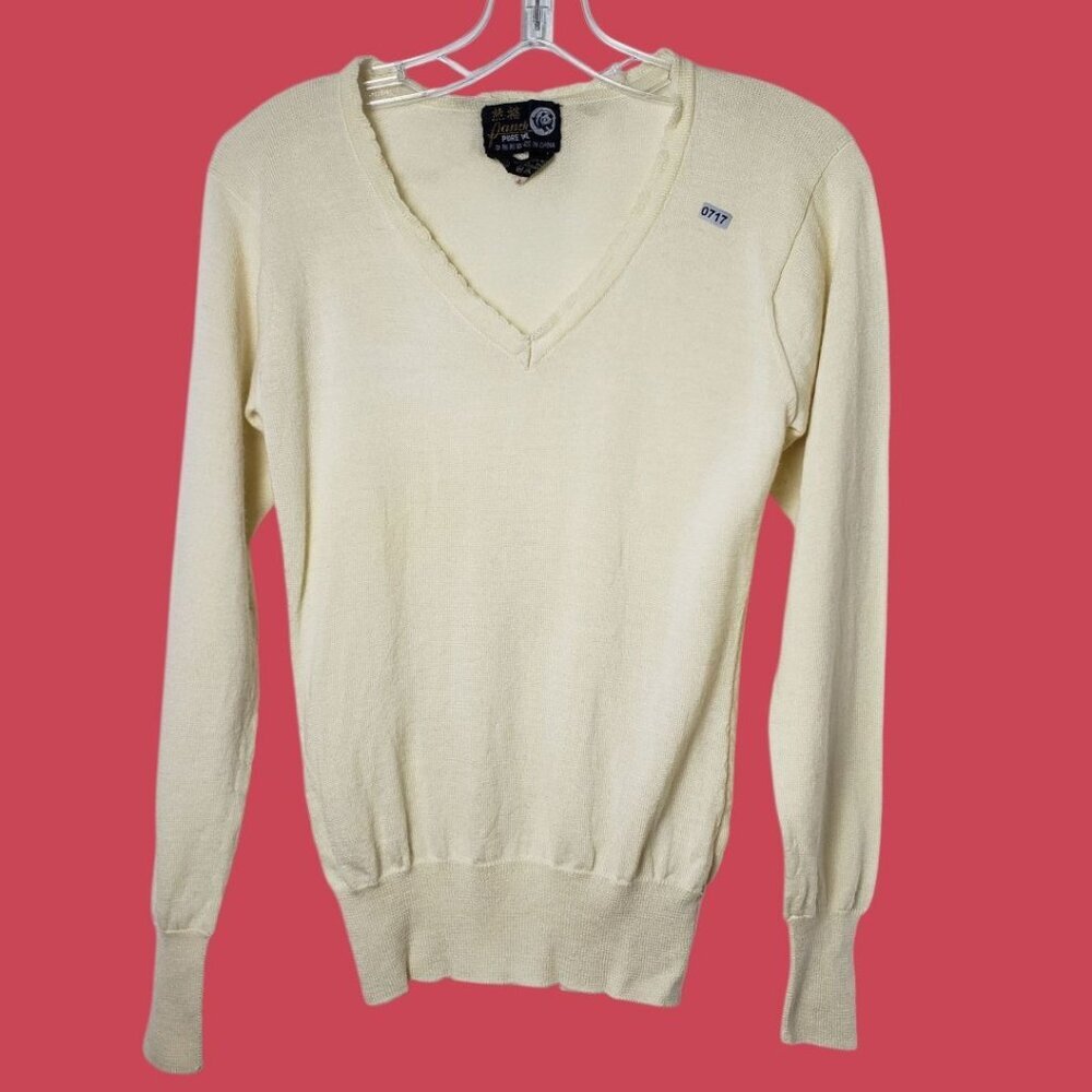 Panda Vtg Pure Wool V-Neck Sweater Womens Cream Long Sleeve Beige Size Large